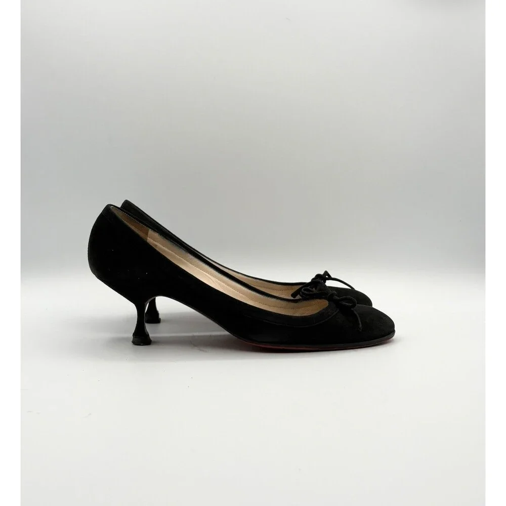 Christian Louboutin Black Suede Bow Accent Marcia Balla Kitten Heels Size EU 38